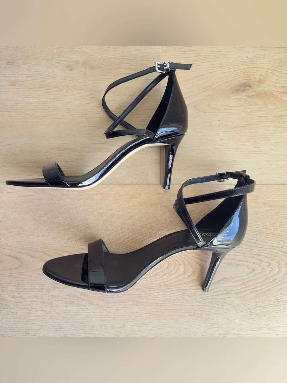 MICHAEL Michael Kors Ava Mid Patent Leather Strappy Sandal Black Size 10